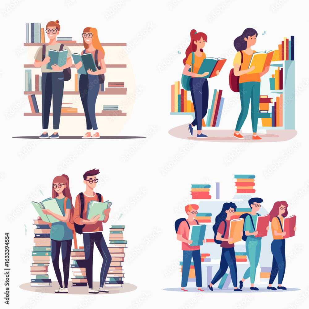 Obraz premium Four distinct scenes of young adults surrounded by bookshelves, immersed in the act of reading, illustrating a library setting with diverse individuals.