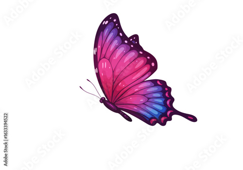 Vibrant flying butterfly illustration with pink, purple, and blue gradient wings.
