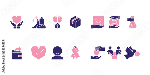 Charity and social welfare icon set collection for giving, nonprofit organizations, volunteering, donation, community support, humanitarian aid, and global relief