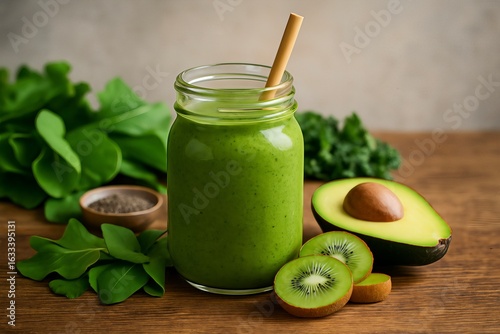 Fresh Organic Green Smoothie in Sunlight – Healthy Vegan Drink on Rustic Table