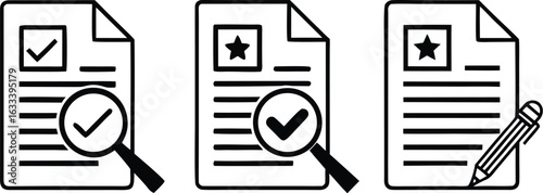 Document Approval and Review Process Black and White Iconography Illustrating Verification and Selection Workflow Elements