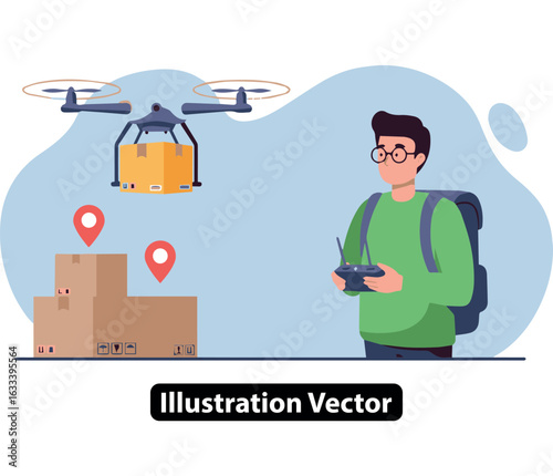 Man with remote control operating an autonomous quadcopter for package delivery service
