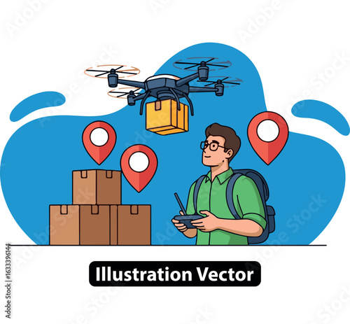 Illustration of a supply chain operator using a quadcopter for modern parcel delivery.