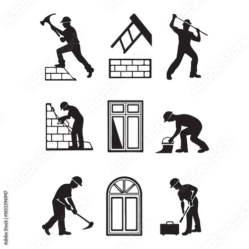 Silhouettes of construction workers performing various tasks like bricklaying carpentry and masonry with tools and building elements