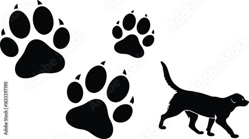 Dog Silhouette with Paw Prints Illustration Animal Graphic Pet Canine Lover Design Domestic Friend Artwork Puppy Companion Trail Pawprint Symbol Vector Element