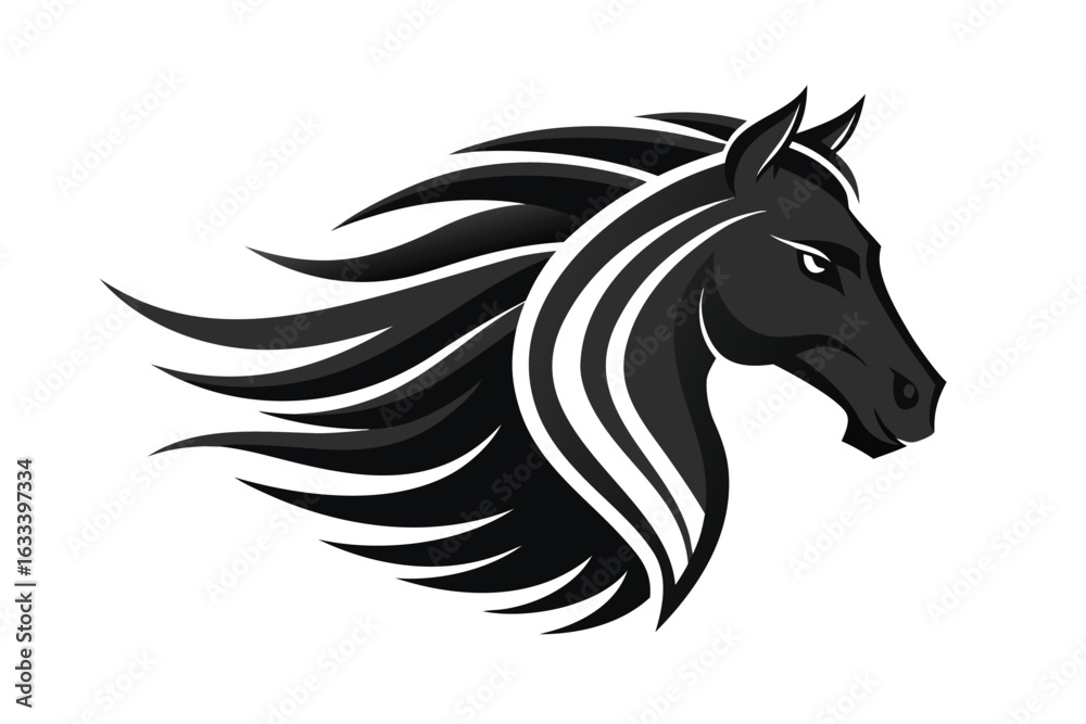 Fototapeta premium Sleek Black Horse Head Logo with Flowing Mane on White Background Design
