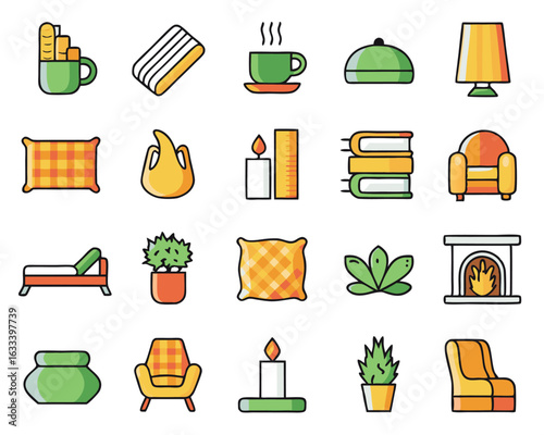 Charming line art collection of cozy home essentials featuring household items and comfort elements isolated on transparent background