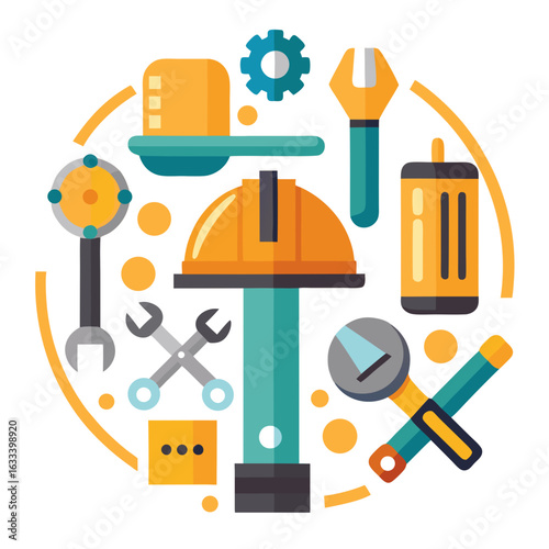 Collection of construction and repair tools arranged in a circle