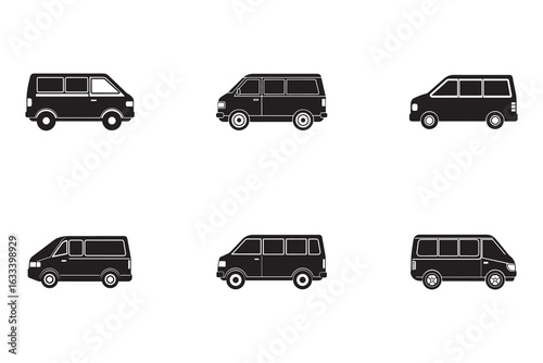 Collection of black van and minibus silhouettes ideal for transportation company logos or automotive design with clean vector graphics