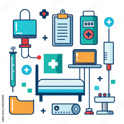 Modern flat design medical equipment and hospital elements collection