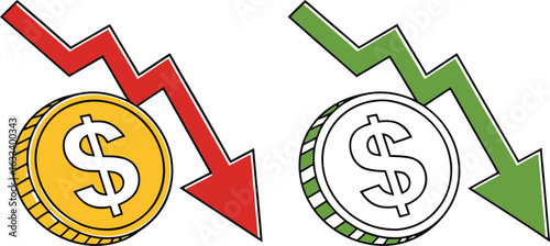 Economic downturn and upturn illustration with arrows and dollar coins showing market trends and financial stability