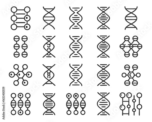 Comprehensive collection of dna structure and molecule icons showcasing scientific research and genetic data in black yellow cyan and magenta isolated on transparent background