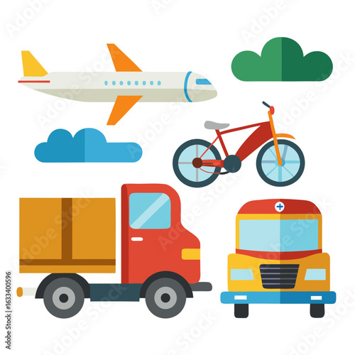 Collection of diverse transportation vehicles and clouds