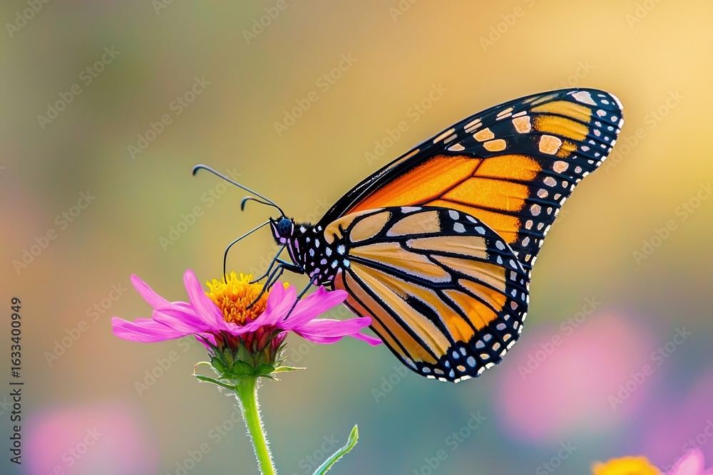 Fototapeta premium Butterfly collecting pollen on colorful flower