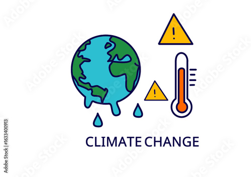 Climate Change and Global Warming Concept Vector – Melting Earth, Thermometer, and Alert Signs

