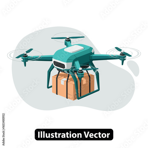 Autonomous quadcopter drone delivering a cardboard package for future logistics and shipping