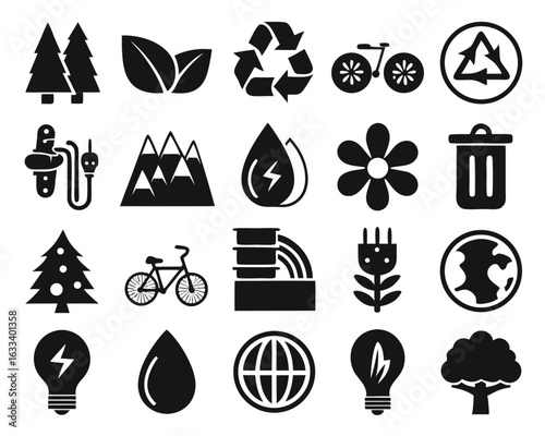 Comprehensive collection of environmental and sustainability symbols for nature conservation and green initiatives isolated on transparent background