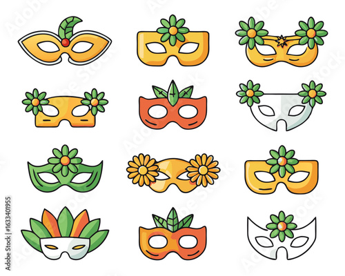 An ornate decorative venetian masquerade mask adorned with stylized floral elements and swirling flourishes isolated on transparent background