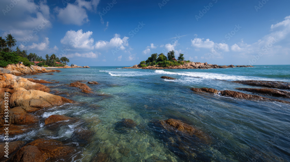 Obraz premium tranquil summer landscape highlighting solitary rock on horizon with serene coastline