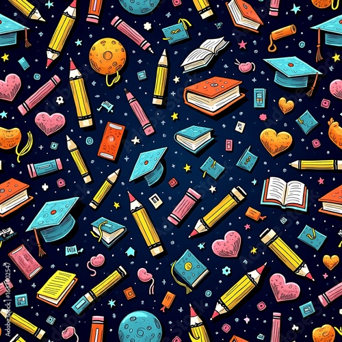 Colorful doodle pattern of education elements on a dark blue background.