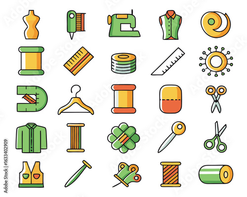A comprehensive collection of fashion and sewing related line art symbols presented in a clean outline style isolated on transparent background
