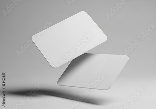 Two blank white cards floating in the air with soft shadows