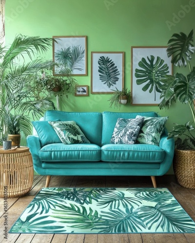 Teal living room with tropical decor