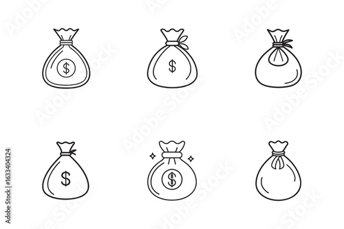 Collection of Hand Drawn Money Bags with Dollar Signs Representing Wealth and Savings Vector Illustration for Financial Concepts