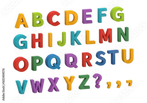 Colorful alphabet letters and punctuation isolated on transparent background