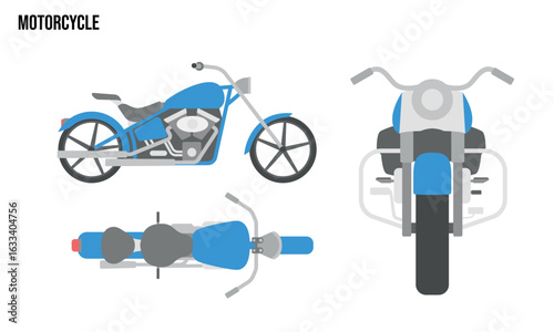 Motorcycle Flat design illustration, Public Vehicles , top view, side view, front view, isolated by white background