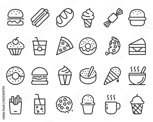 A collection of stylized line art icons representing food and beverage items for restaurant and fast food establishments isolated on transparent background