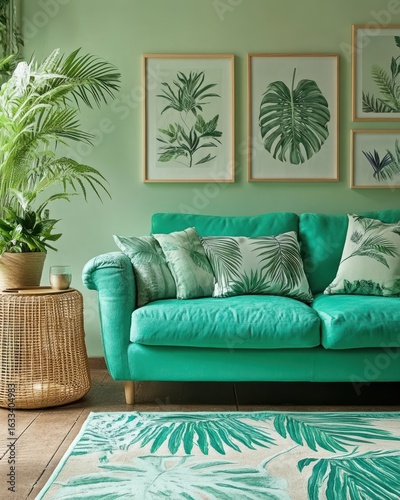 Teal sofa, lush plants, framed botanical art.  Light cream rug