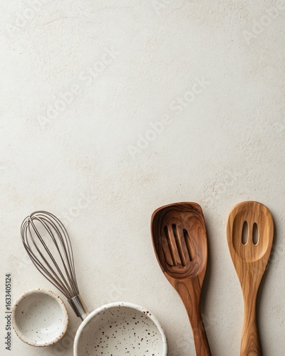 Elevated, neutral kitchen tools on a light stone surface