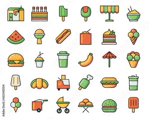 Collection of street food vendor and stall themed graphic symbols for culinary businesses and events isolated on transparent background