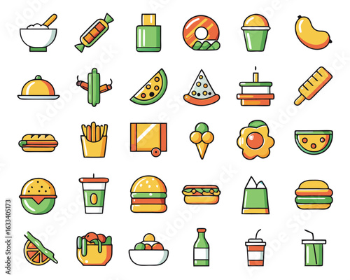 Collection of street food vendor and stall symbols representing various culinary offerings and business elements isolated on transparent background