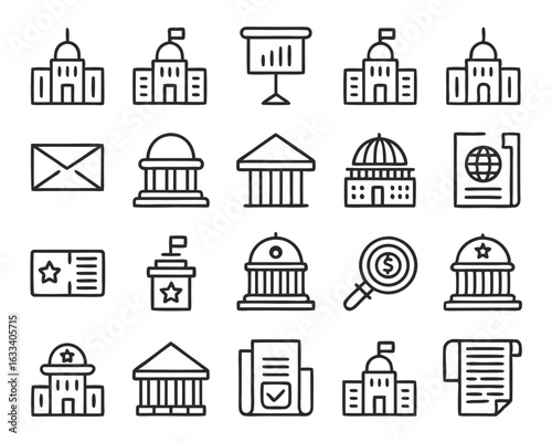 Comprehensive collection of government themed icons featuring diverse civic symbols and public service imagery isolated on transparent background