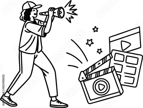 Film Director with Megaphone and Clapperboard Black and White Line Art Illustration for Motion Picture Production Concept