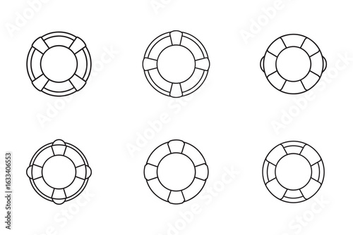 Collection of Line Art Lifebuoys or Life Preservers Isolated on White Background Represents Safety and Rescue Equipment