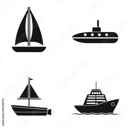 Sailboat submarine and ship icons watercraft vessel