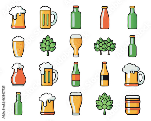 Charming hand drawn beer doodle icons featuring pints mugs hops and bottles isolated on transparent background