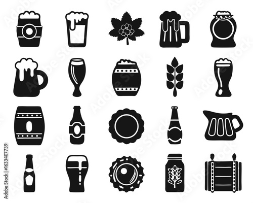 Collection of hand drawn beer themed doodle art icons featuring various beverages and related items in a simple black silhouette style isolated on transparent background