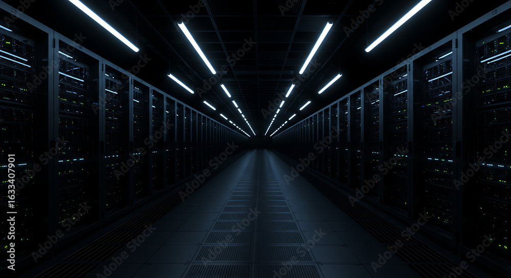 Obraz premium A long, dark corridor in a futuristic data center with rows of server racks illuminated by overhead lights.