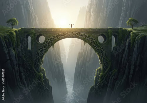 Majestic ancient stone bridge spanning a deep misty canyon