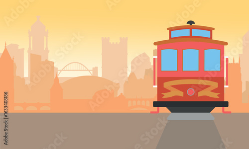 Streetcars front view at afternoon sunset vibes city view landscape background, Flat style design illustration