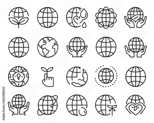 Collection of hand drawn globe icons showing global connectivity and travel with thin to solid line variations isolated on transparent background