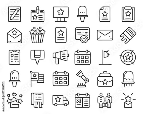 A comprehensive collection of voting symbols featuring a hand casting a ballot into a box and other related election elements isolated on transparent background