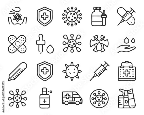 Comprehensive collection of medical and immunization solid silhouette symbols for healthcare applications isolated on transparent background