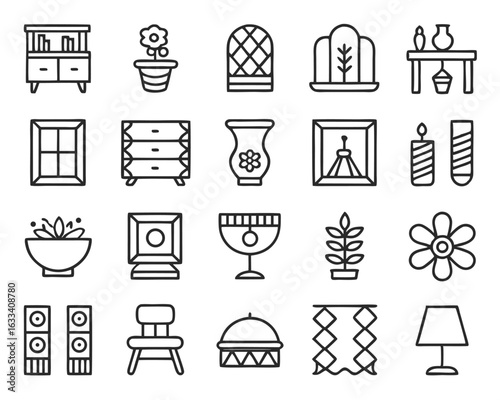 A comprehensive collection of home decor related symbols presented in a solid graphic style isolated on transparent background