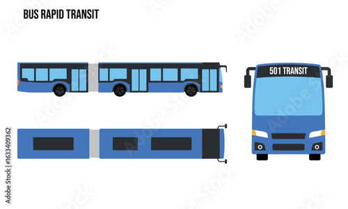 Bus Rapid Transit Flat design illustration, Public Vehicles , top view, side view, front view, isolated by white background