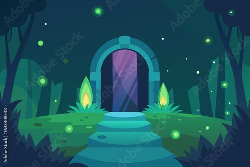 Enchanted forest gateway with glowing fireflies
